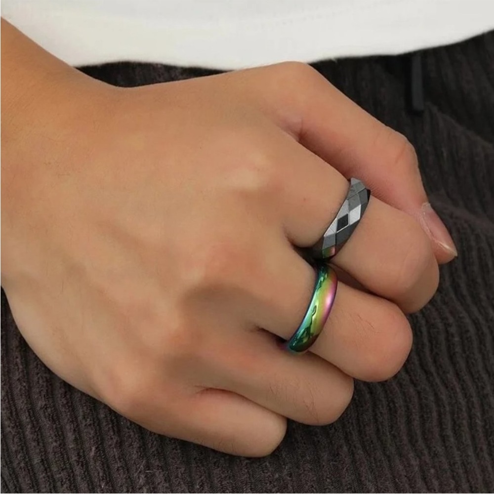 Holographic and Hematite Look Rings - Picture 2 of 3